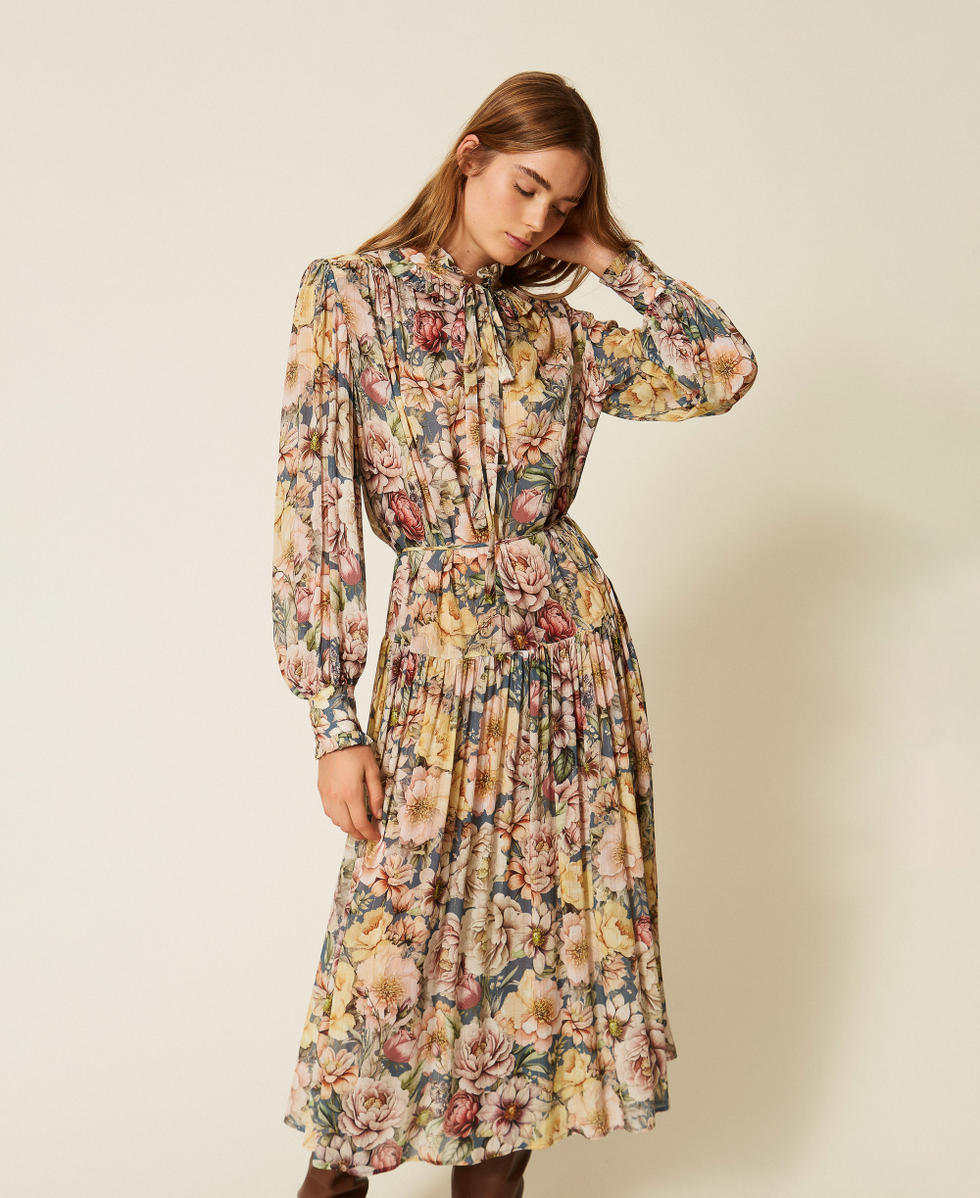 Robe longue en cr&eacute;pon floral Fleurs Bleu Indigo/Multicolore Femme 262TT2610_14099_02