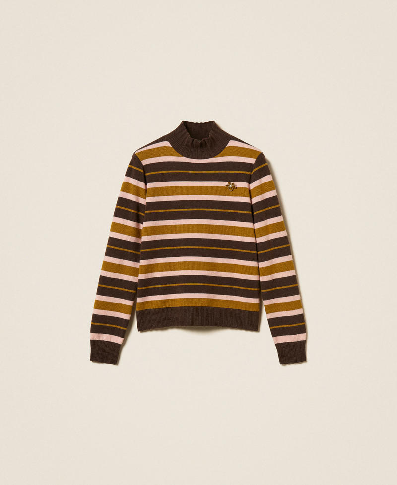 Turtleneck jumper with brooch Mocha/Shiny Oil/Powder Rose Stripes Woman 262LI3BAA_13916_S0