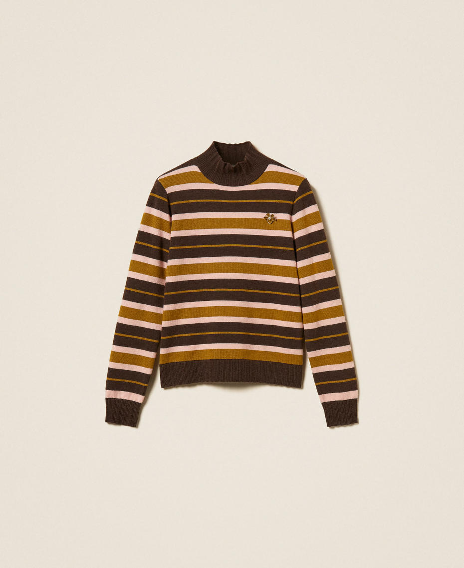 Turtleneck jumper with brooch Mocha/Shiny Oil/Powder Rose Stripes Woman 262LI3BAA_13916_S0