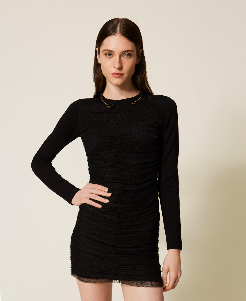 Robe courte en maille et tulle Noir Femme 252TT3261_00006_02