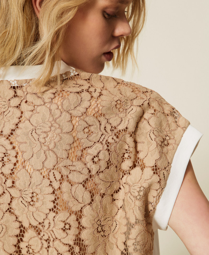 T-shirt con pizzo e logo ricamato Bicolor Off White / Incense Donna 261LL2ADD_13299_04