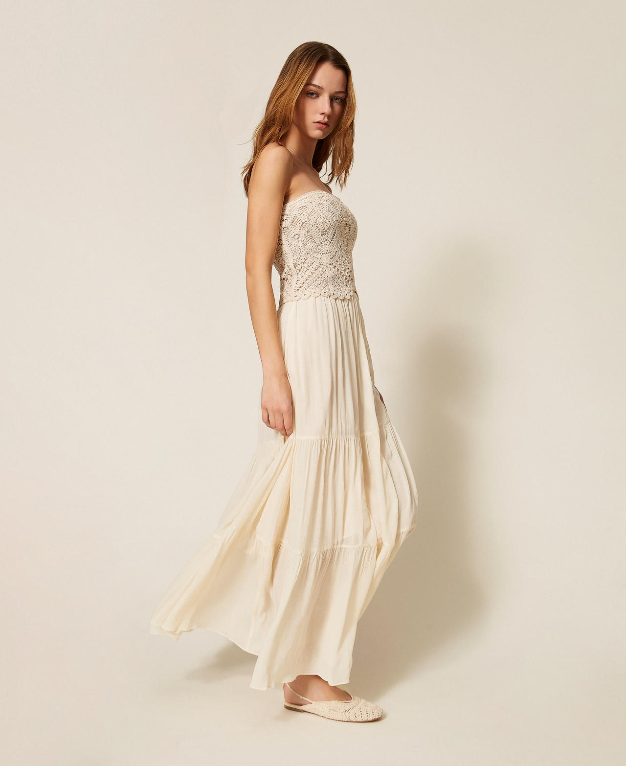 Abito lungo in crochet e mussola Bianco Vaniglia Donna 261LM2NNN_00145_02