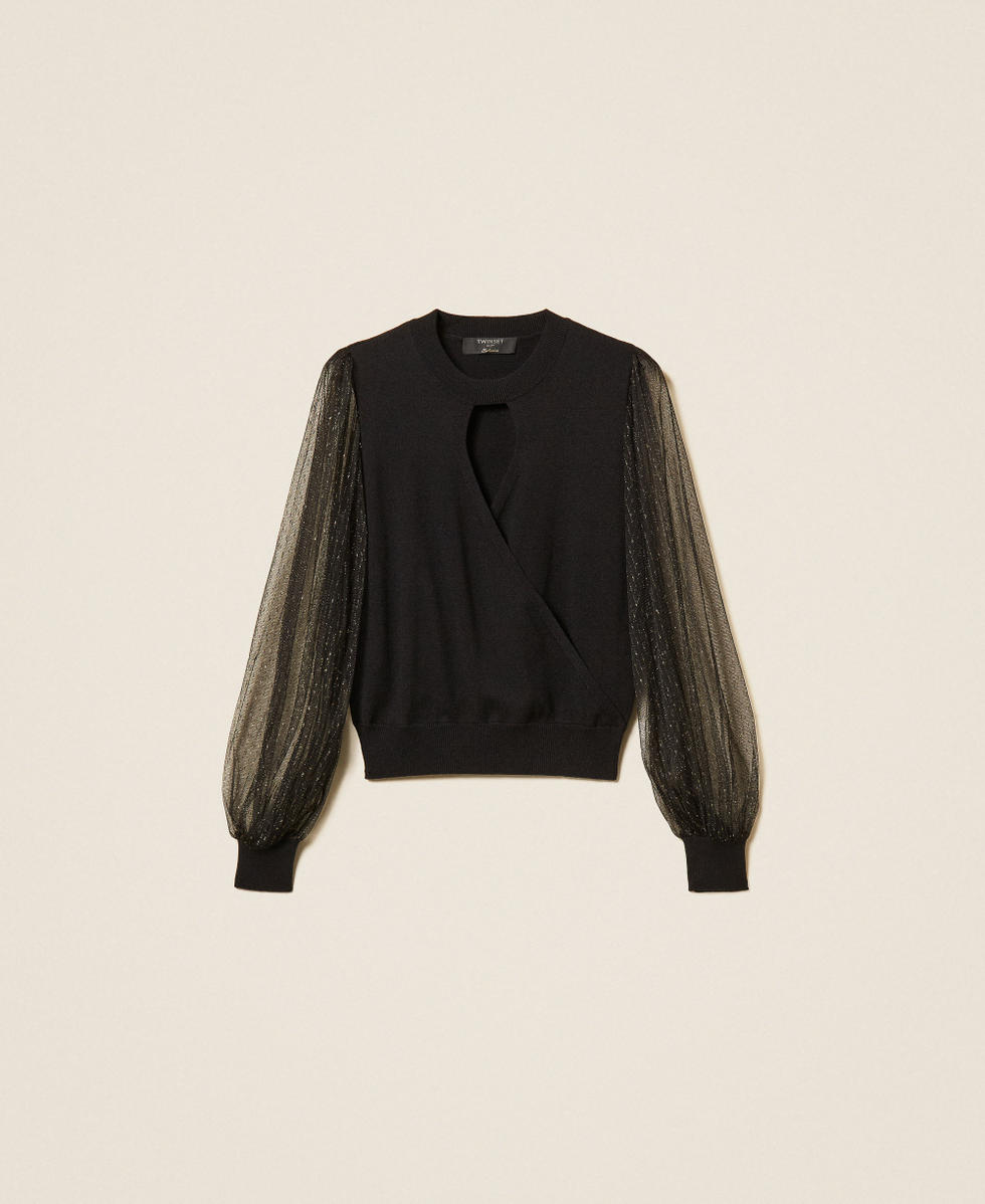 Jumper with plumetis tulle sleeves Black Woman 262TT3420_00006_S0