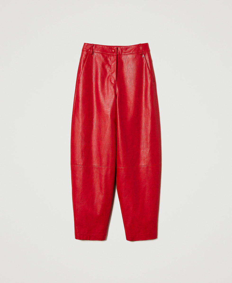 Faux leather barrel trousers