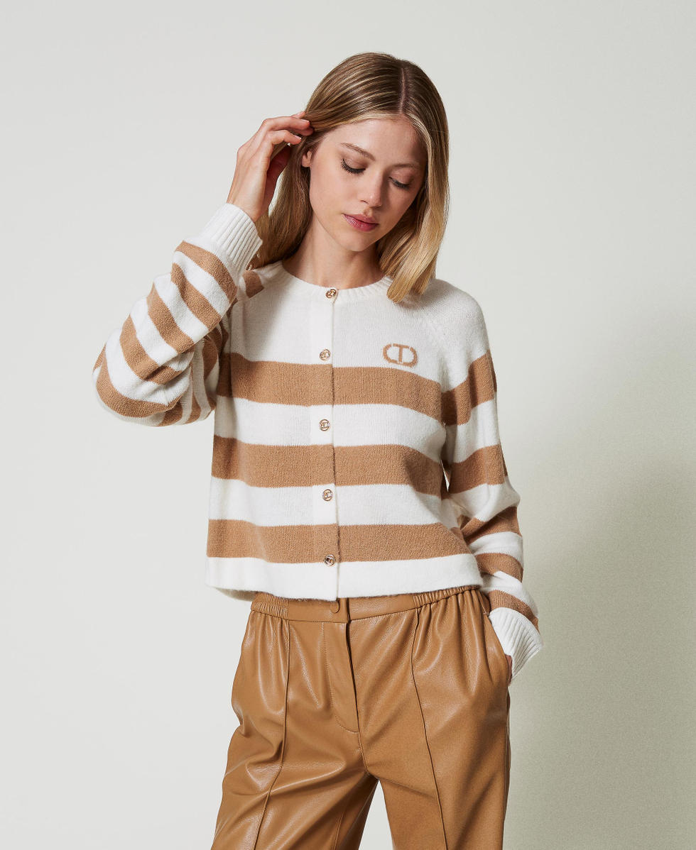 Two-tone striped cardigan Two-tone Snow White / Sandy Brown Woman 242TP3371_11918_01