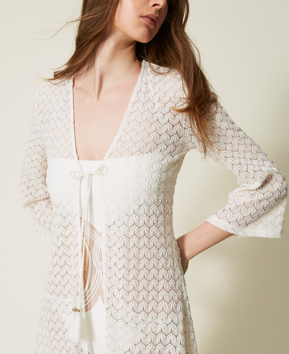 Long fitted crochet kaftan Sugar White Woman 251LM2HDD_00632_04