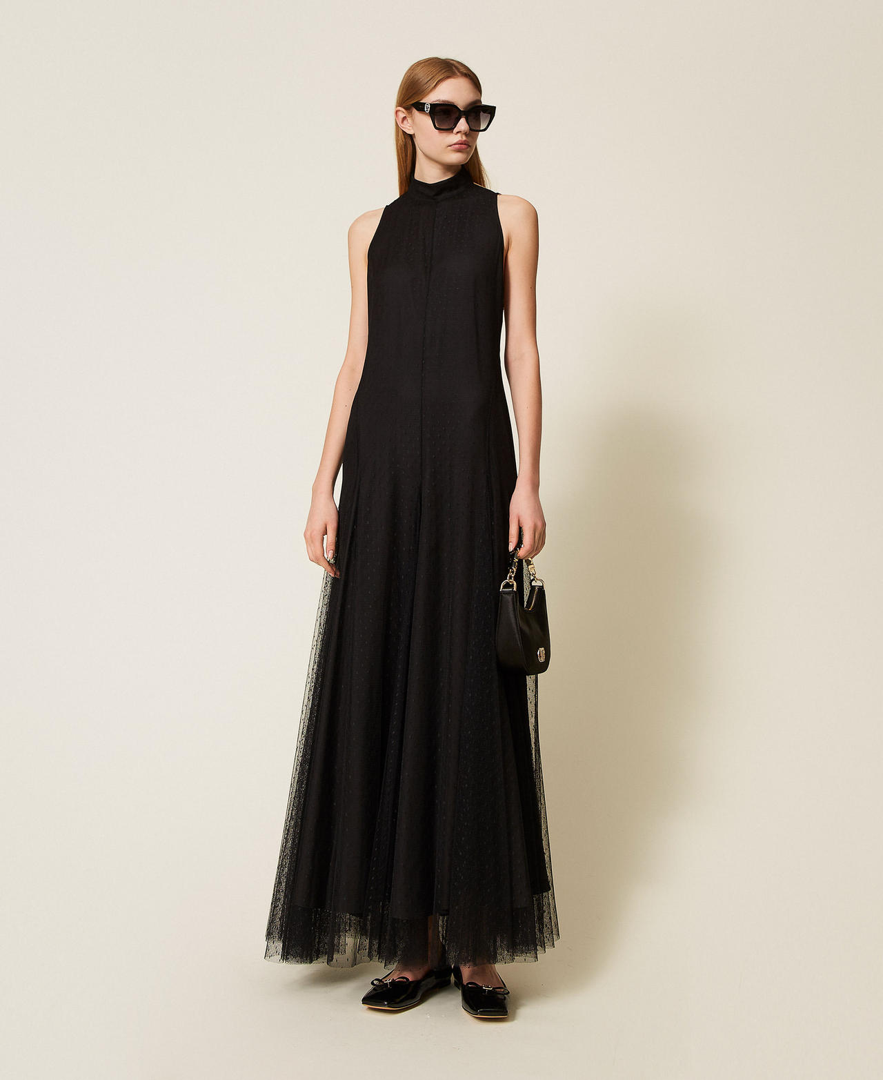 Long plumetis tulle dress Black Woman 252TP2650_00006_01