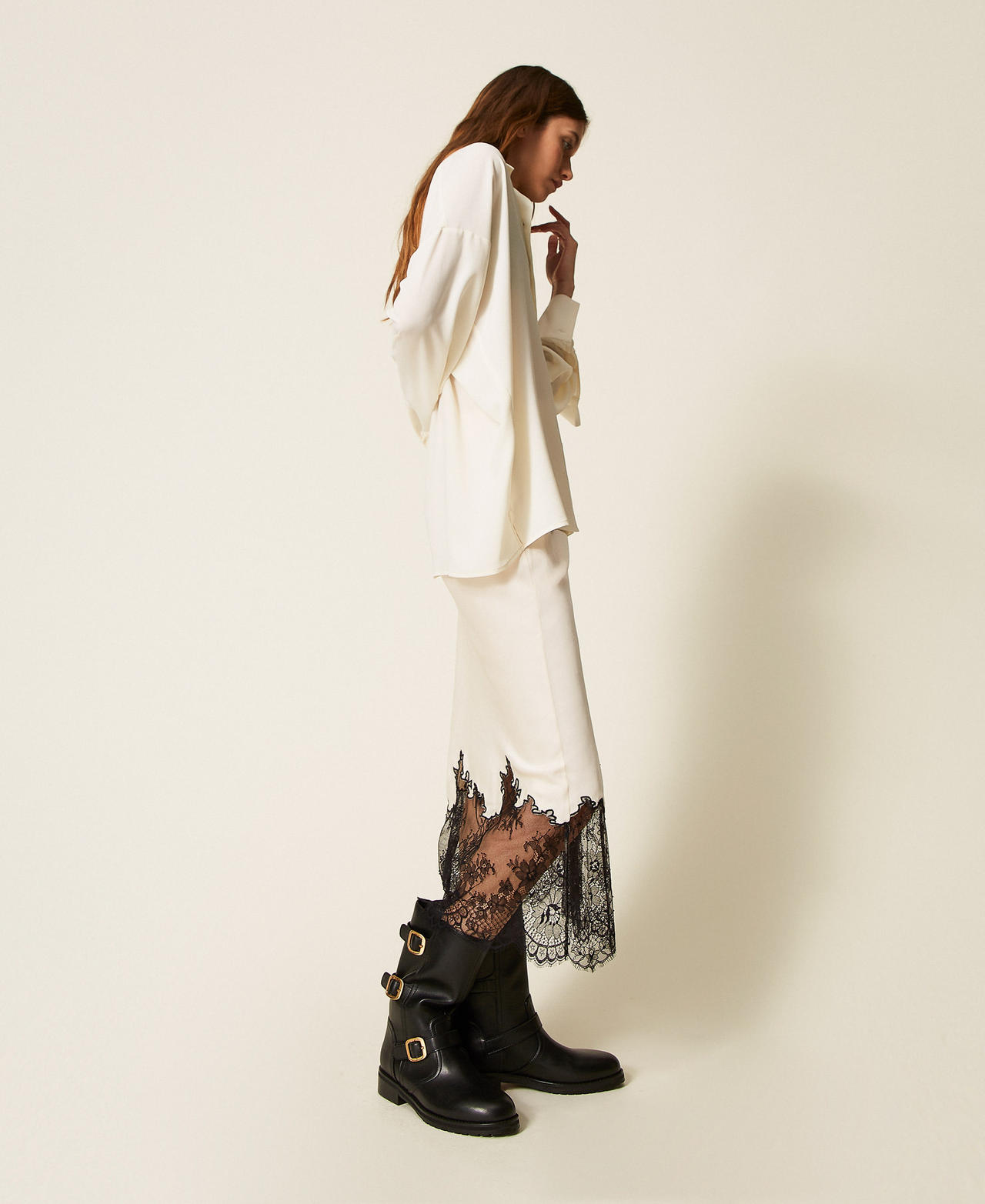 Falda midi de raso y encaje Bicolor Blanco Nácar / Negro Mujer 252TP2392_06559_01