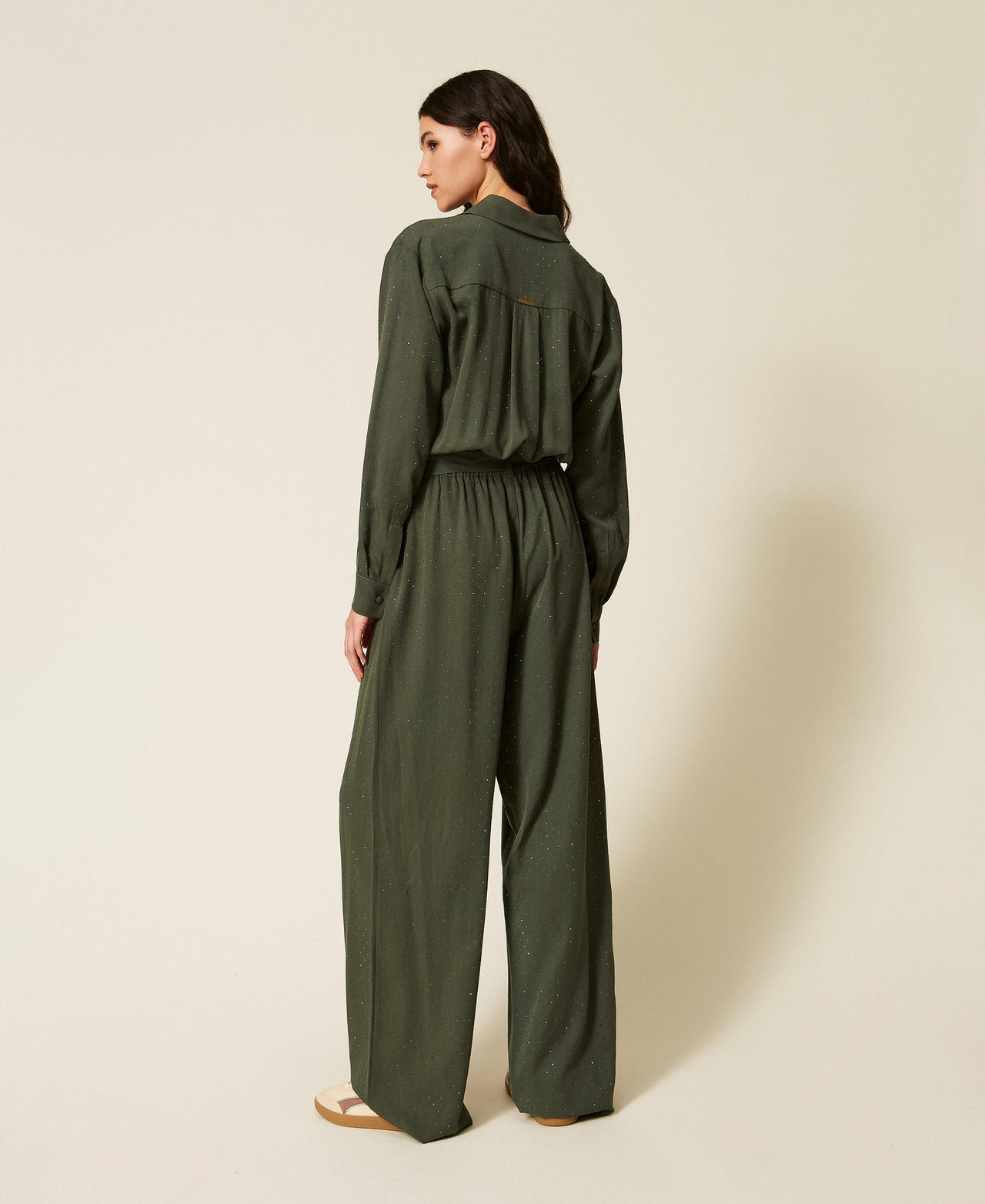 Twill jumpsuit with studs Thyme Green Woman 261LL2PEE_12843_03