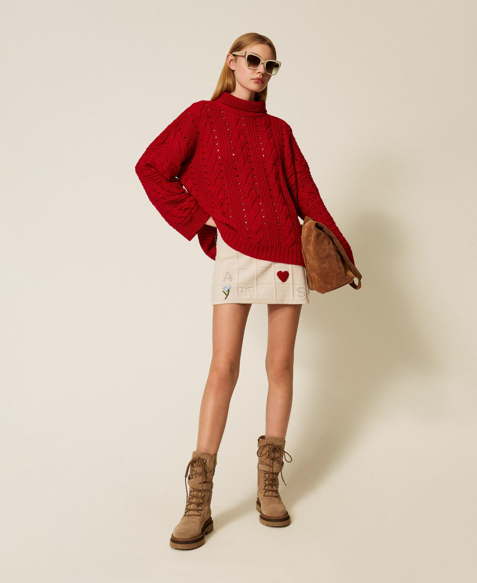 Maxi pull en laine mélangée avec torsades Rouge Vénitien Femme 252TT3101_00740_T0