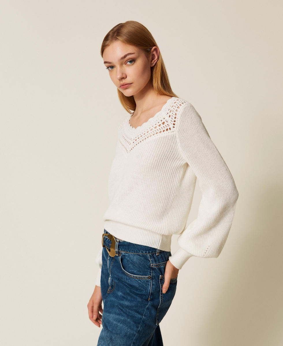 Wool blend jumper with crochet details "Parchment" Beige Woman 252TP3102_07222_02