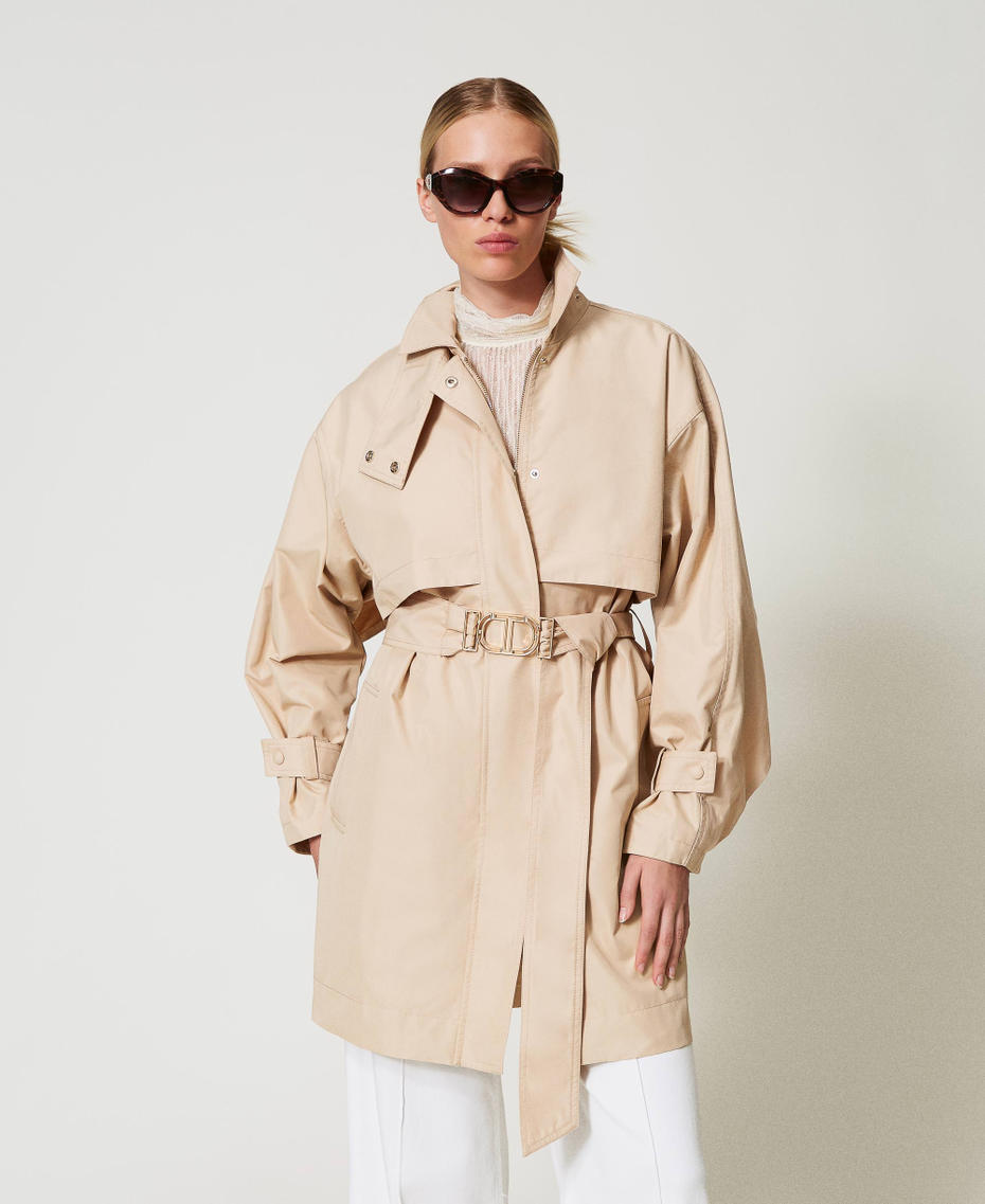 Short twill trench coat with belt Rope Beige Woman 251TP2661_12145_01