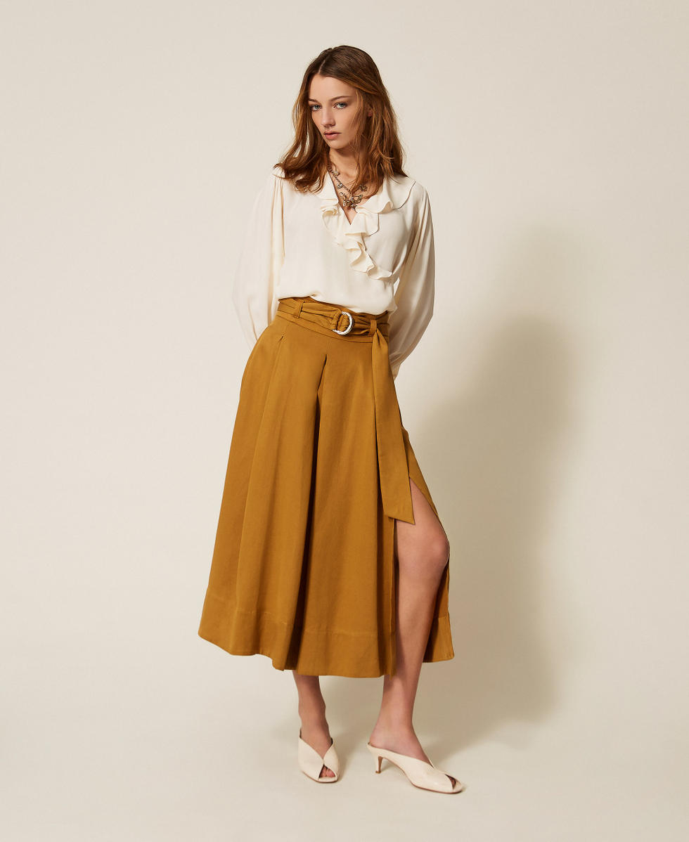 Long twill skirt with belt Woody Brown Woman 261TP2533_12891_01