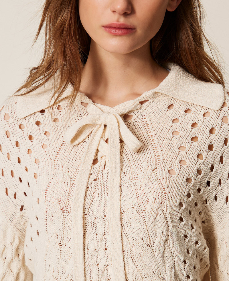 Cable knit jumper with bow "Parchment" Beige Woman 261TP3492_07222_04