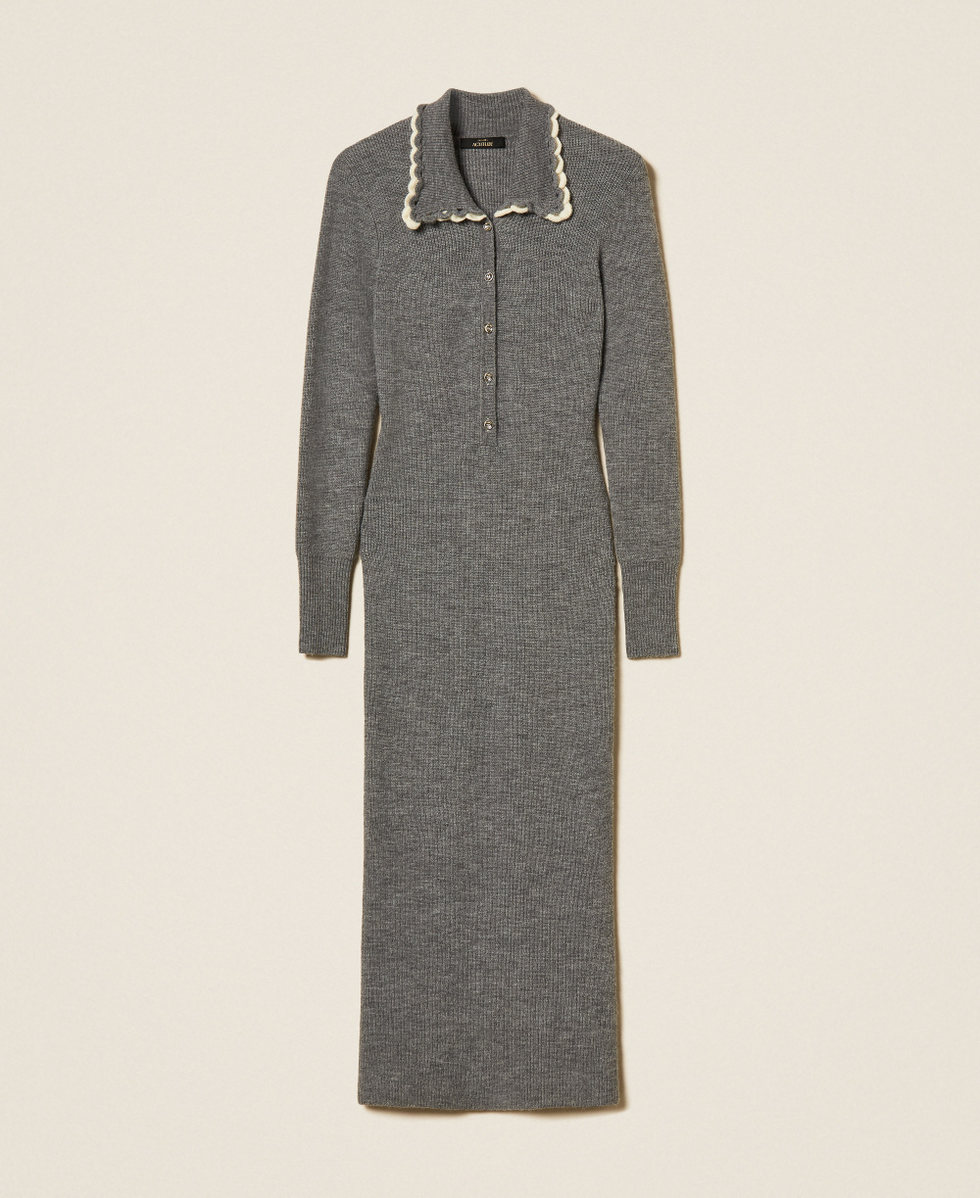Long knit dress with crochet collar Mid Grey Melange Woman 262AP3281_12838_S0