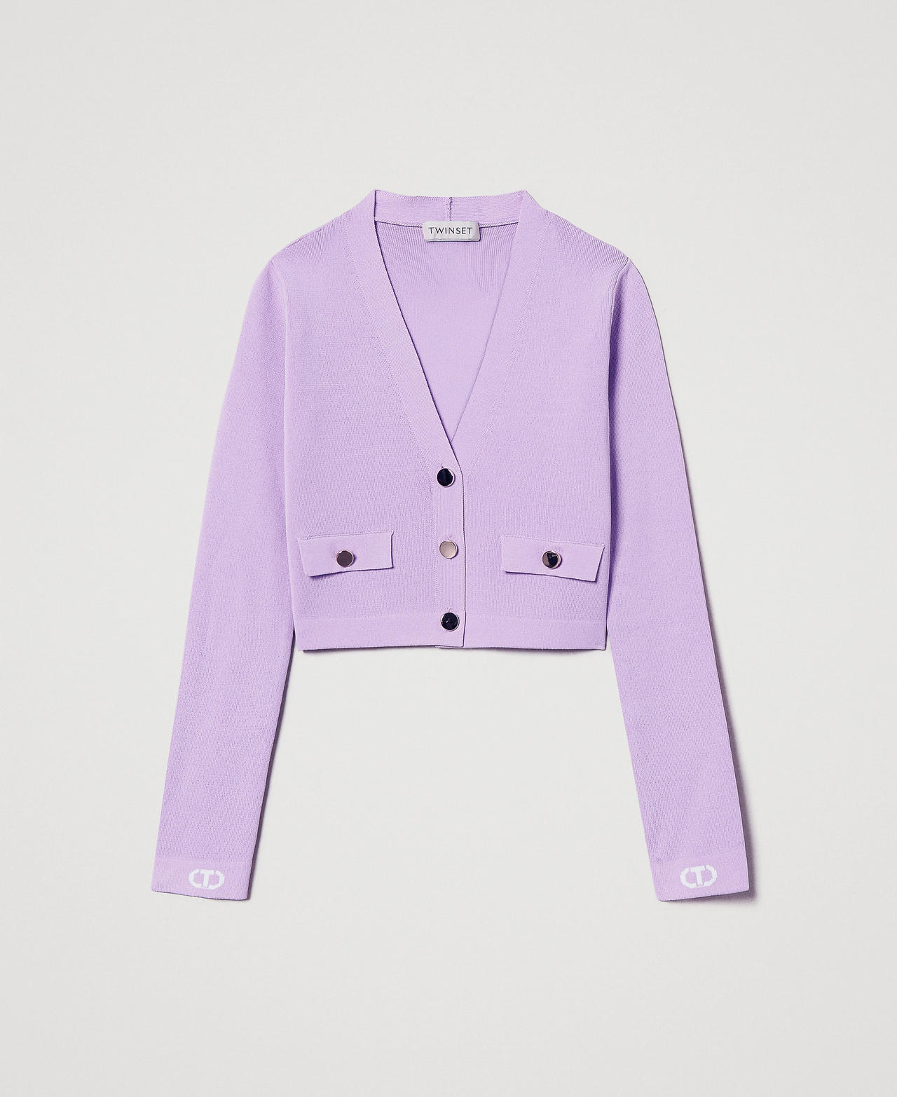 Ribbed cardigan with Oval T jacquard Two-tone Pastel Violet/Ice Girl 251GJ3QW4_12296_0S