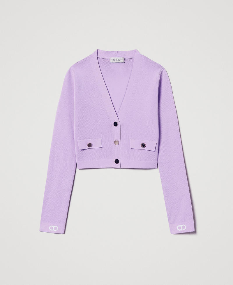 Gerippter Cardigan mit „Oval T“-Jacquard Zweifarbig Pastel Violet / Ice Mädchen 251GJ3QW4_12296_S0