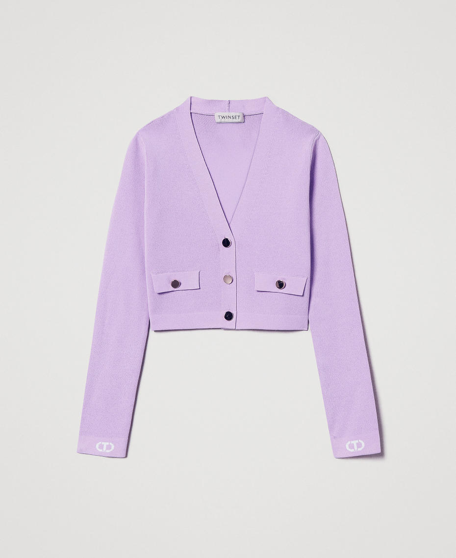 Gerippter Cardigan mit „Oval T“-Jacquard Zweifarbig Pastel Violet / Ice Mädchen 251GJ3QW4_12296_S0