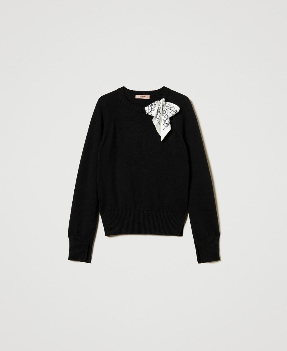 Pull avec foulard sigl&eacute; Bicolore Noir/Imprim&eacute; Oval T Noir/Neige Femme 251TP3210_12340_S0