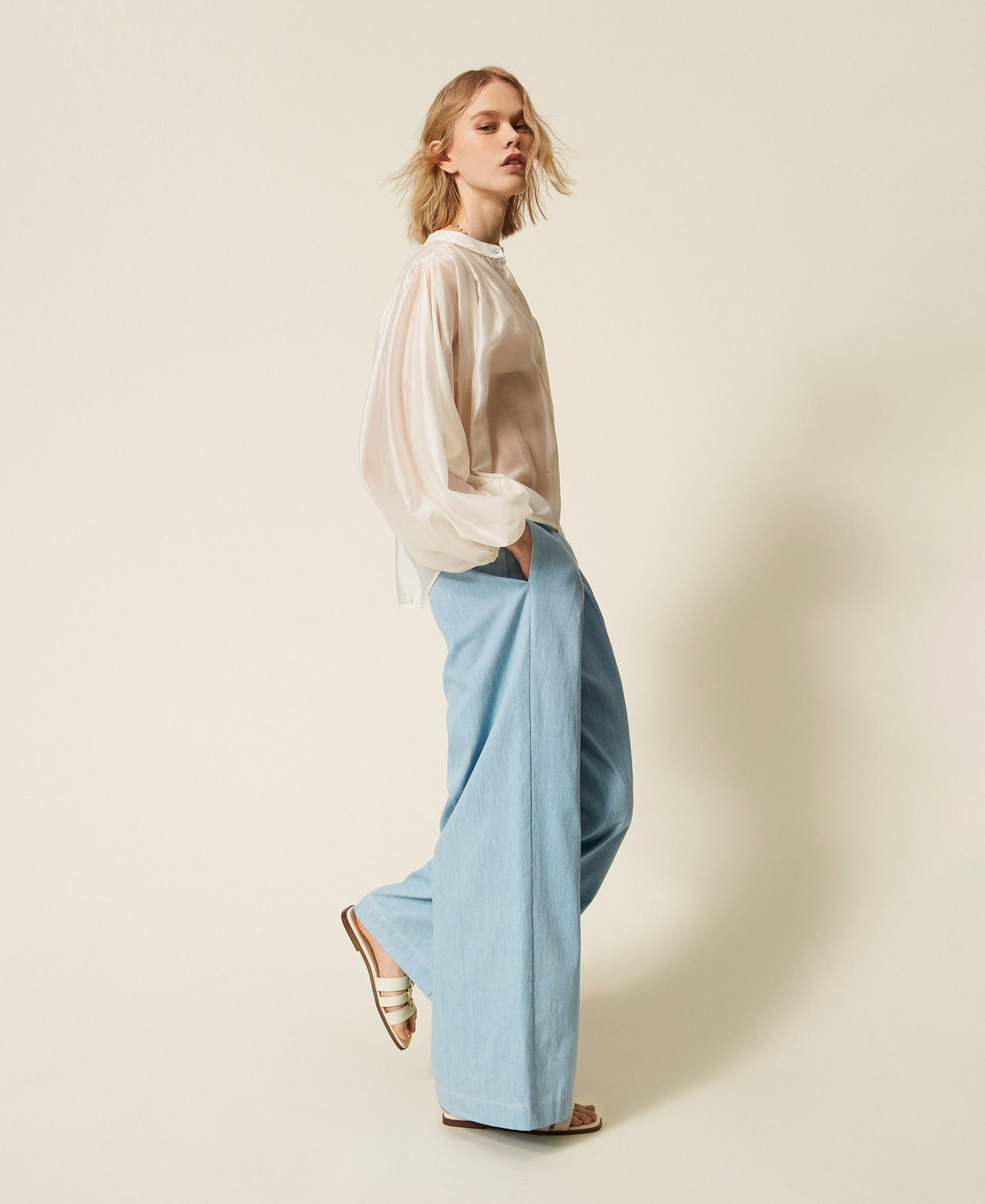 Palazzo trousers with pleats Light Blue Denim Woman 261TF2080_02990_02