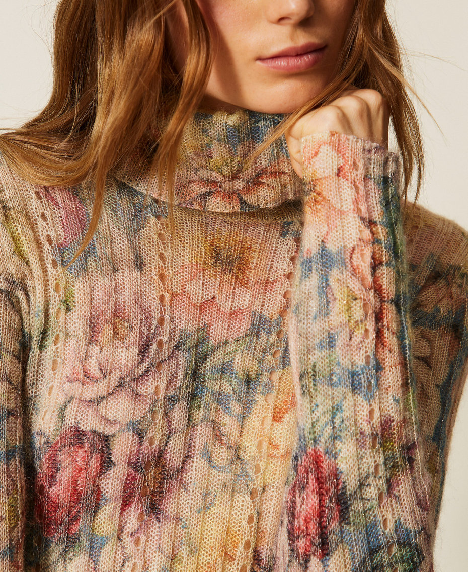 Rollkragenpullover mit Print Flowers Indigoblau / Multicolor Frau 262TT3401_14099_04