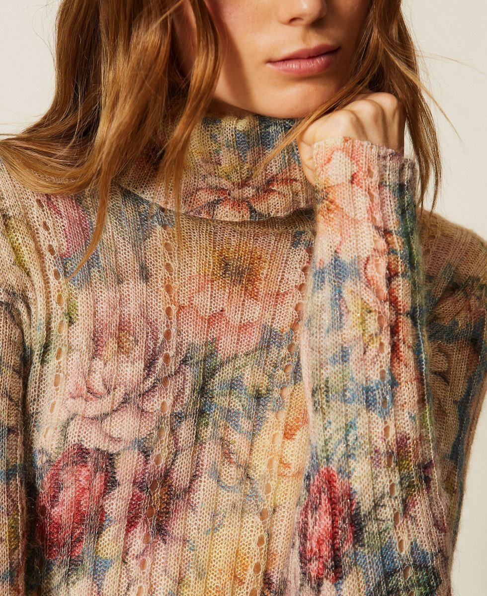 Turtleneck jumper with print Indigo Blue/Multicolour Flowers Woman 262TT3401_14099_04