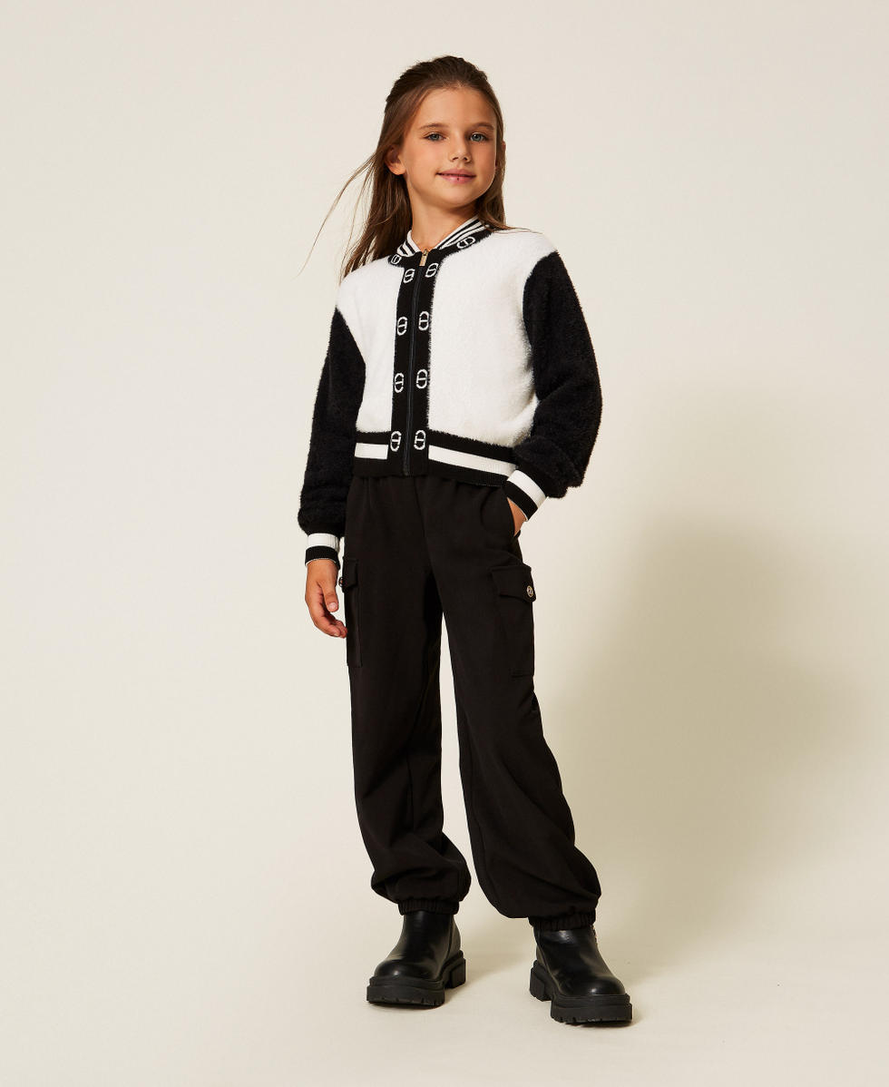 Knit bomber jacket with Oval T Bicolour Black / Off White Girl 252GJ3070_02714_T0