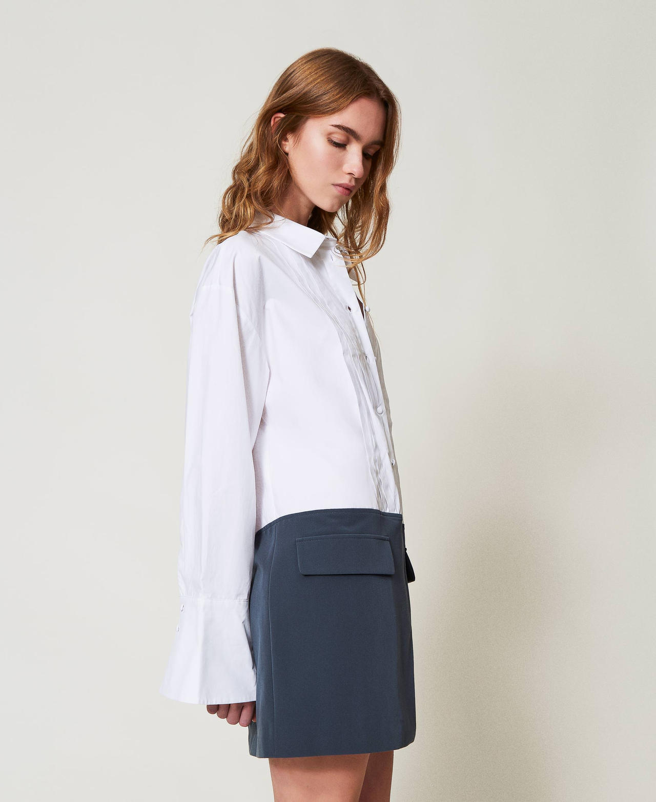 Short poplin and yarn-dyed dress Two-tone Papers White/Blue Fusion Woman 251AP2393_12373_01