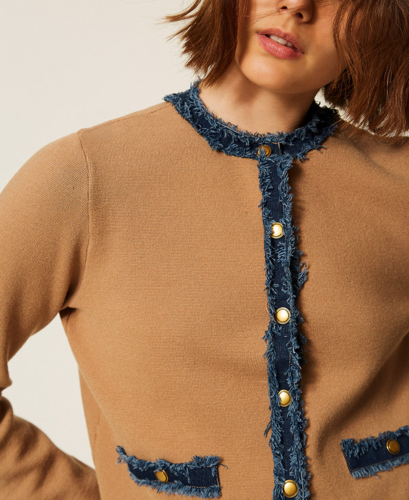 Fitted cardigan with denim trim "Dune" Beige/Denim Woman 262LI3GAA_13721_04