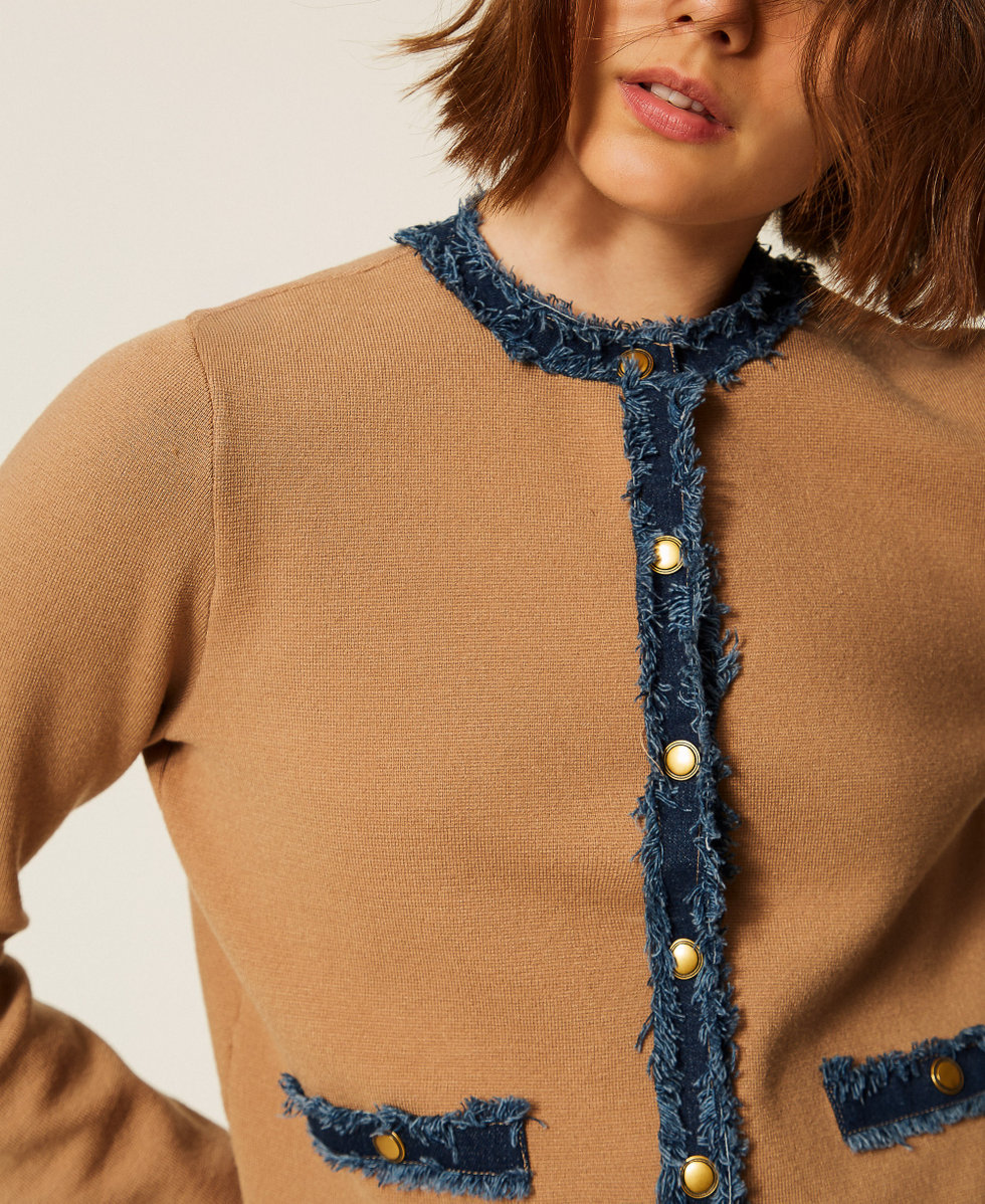 Fitted cardigan with denim trim "Dune" Beige/Denim Woman 262LI3GAA_13721_04