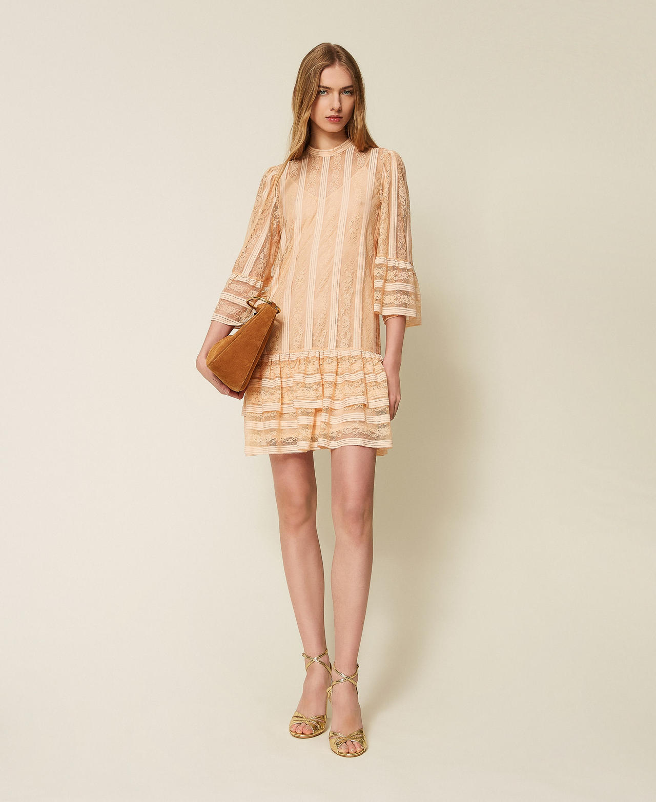 Abito corto in pizzo a righe con cintura Rosa "Peach Pink" Donna 261TP2544_11750_01