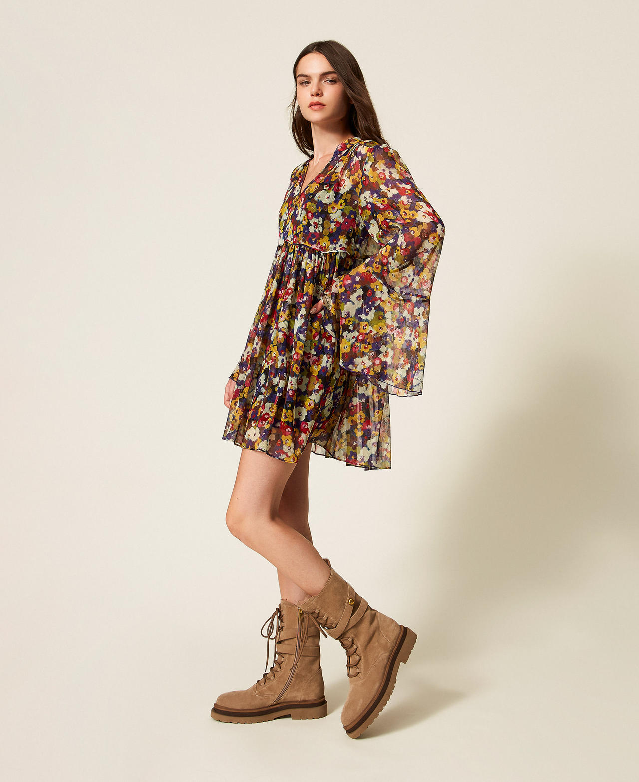 Recycled creponne short dress with print Winter Bouquet Print Woman 252AT2072_12886_01