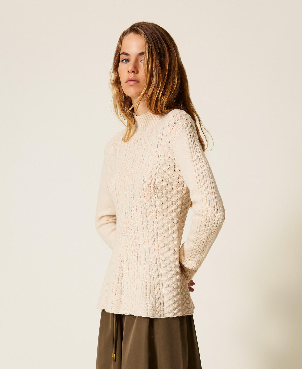 Cable knit turtleneck jumper Crystal Sand Beige Woman 252AP3110_12610_01