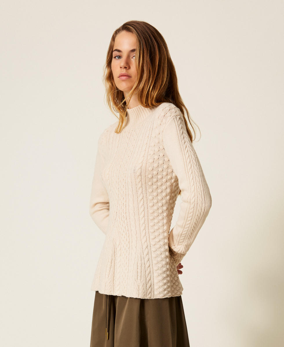 Cable knit turtleneck jumper Crystal Sand Beige Woman 252AP3110_12610_01