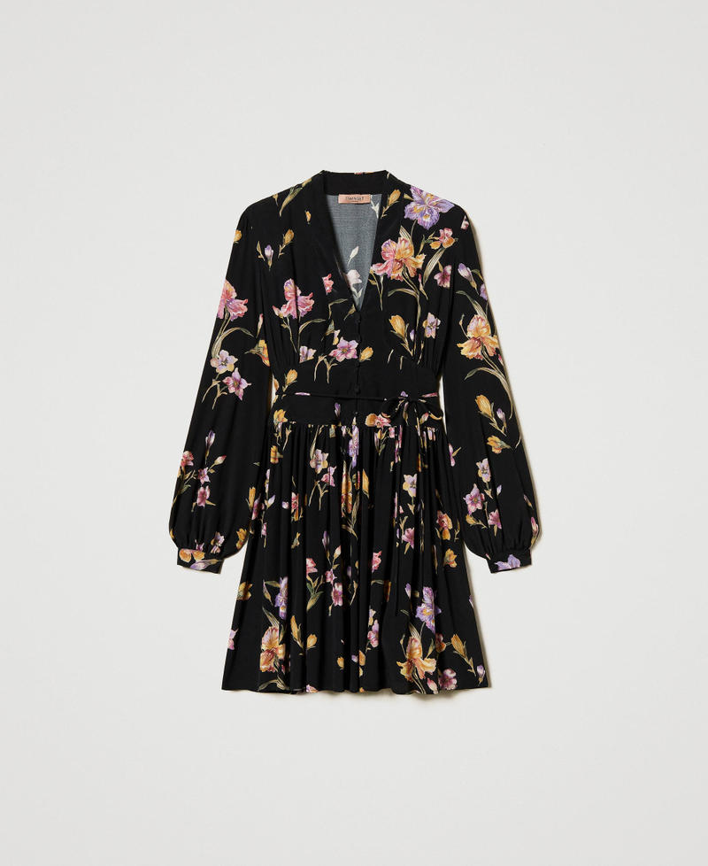 Short cr&ecirc;pe de Chine floral dress Multicolour/Black Iris Print Woman 251TP2773_12328_S0