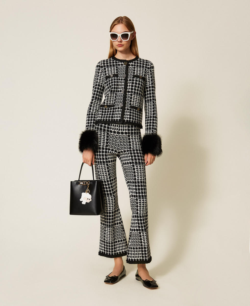 Chequered knit jacket with faux fur Snow White/Black Check Woman 252TT3040_12907_T0