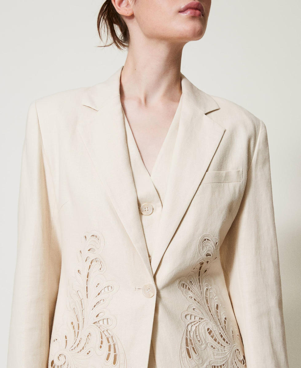 Linen blend jacket with embroidery Mother Of Pearl Woman 251TP2160_00059_04