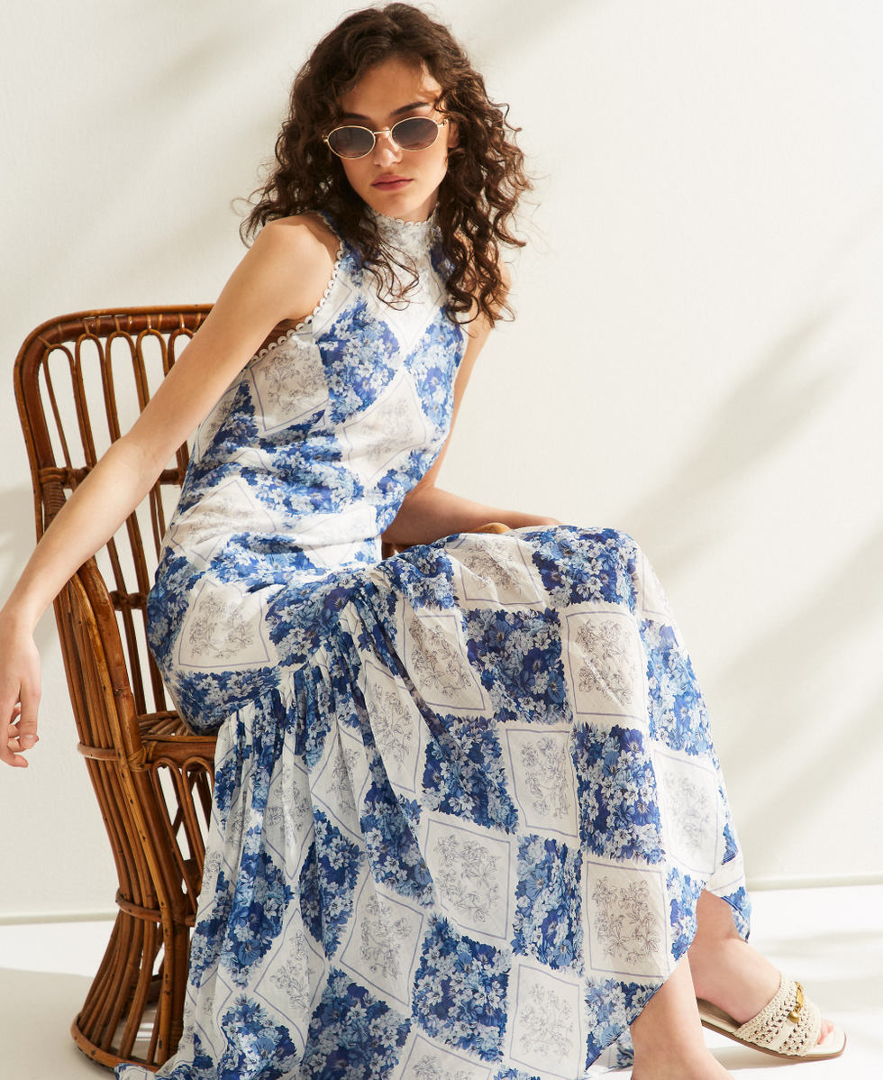Long ramie dress with floral print Blue/Pale Blue Topaz Diamond Flower Print Woman 261TP213B_13405_PC