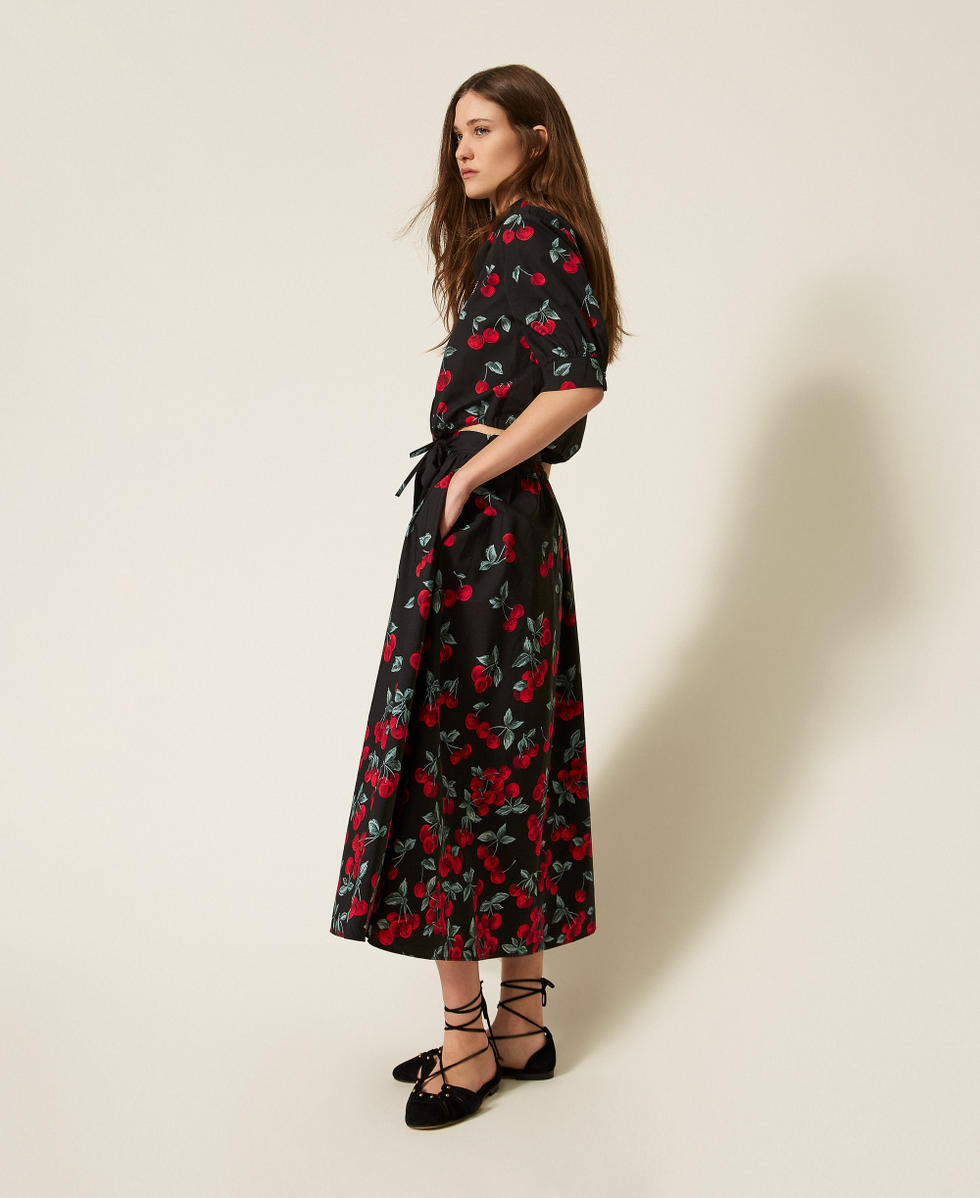 Jupe longue en popeline avec imprim&eacute; cerises Cherries D&eacute;grad&eacute; Noir/Rouge Femme 261TT2594_13502_02