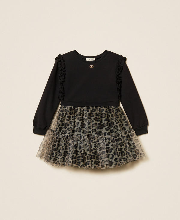 Girls' short plush fabric dress with animal print tulle