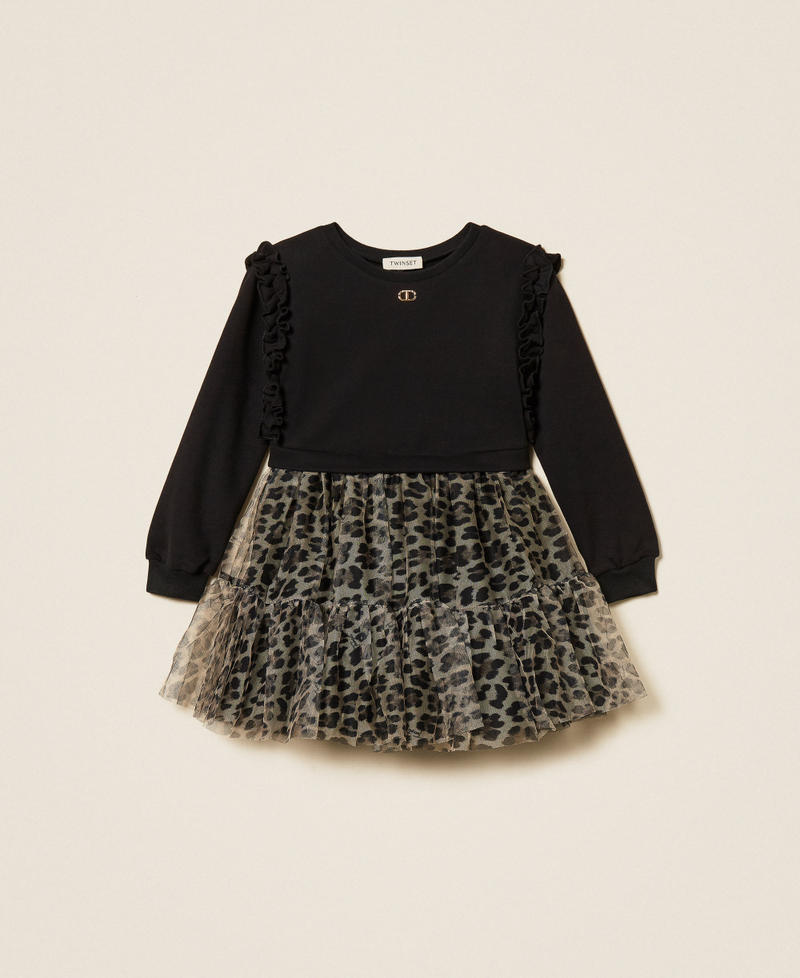 Girls' short plush fabric dress with animal print tulle Two tone Black/Leopard Print Girl 252GB2130_12723_S0