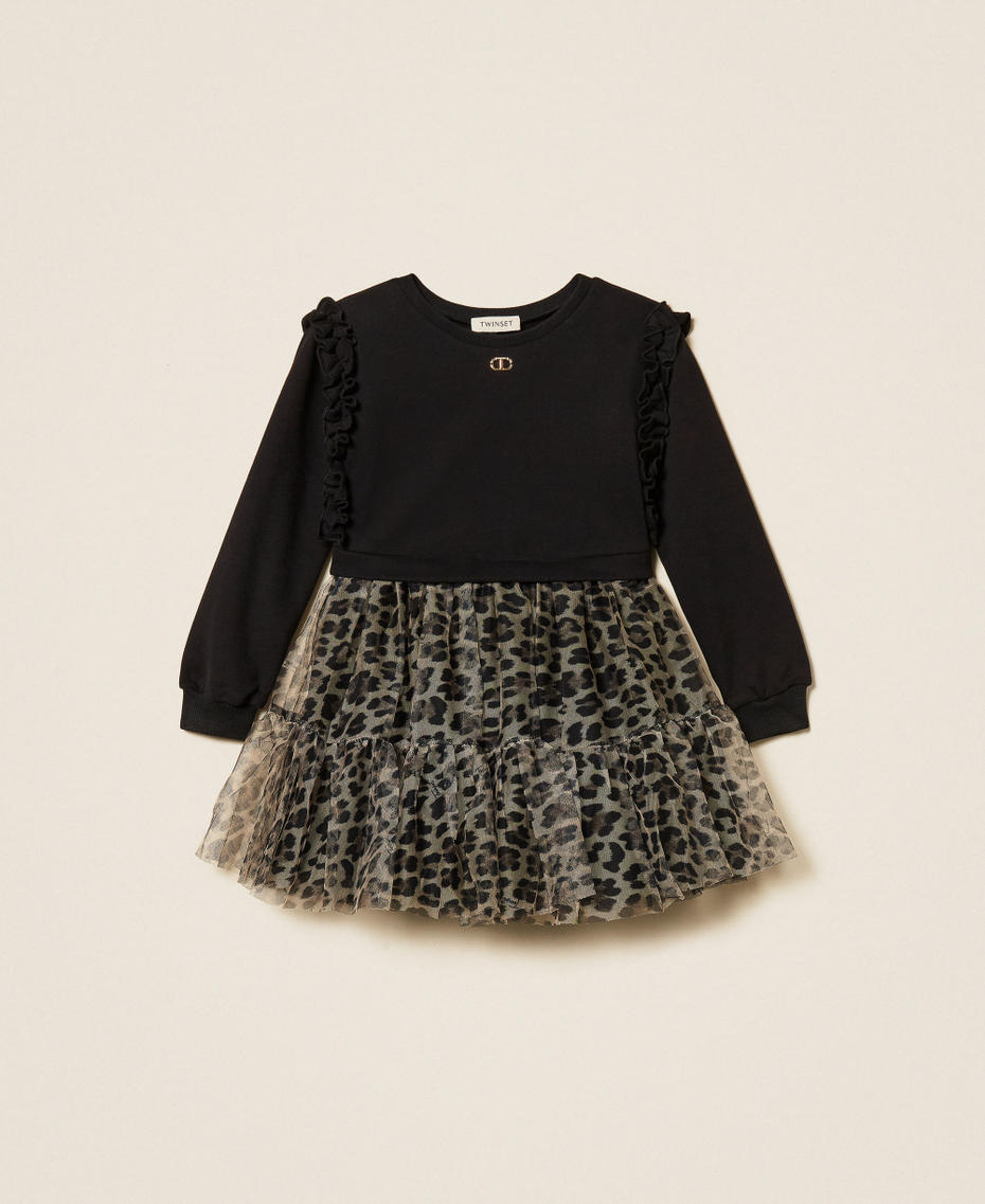 Girls' short plush fabric dress with animal print tulle Two tone Black/Leopard Print Girl 252GB2130_12723_S0