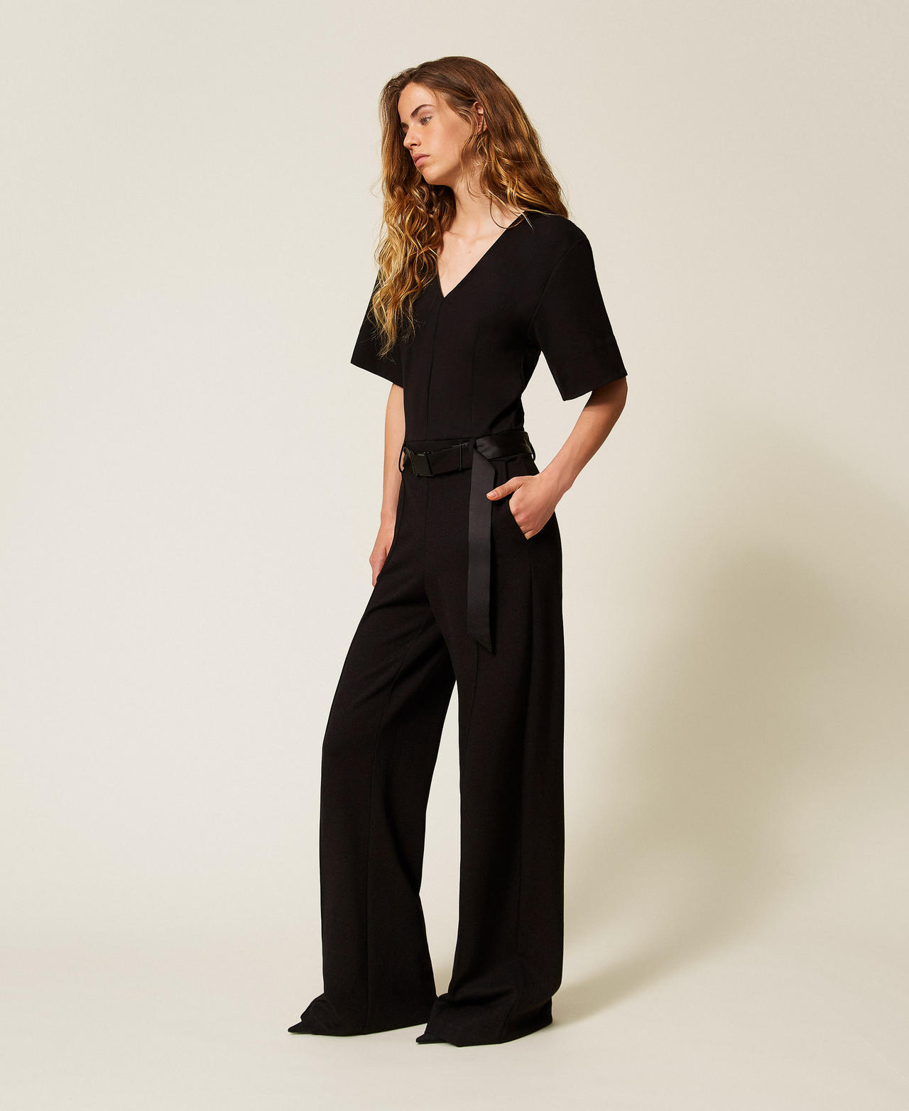 Jumpsuit with satin details Black Woman 252LI2UFF_00006_02