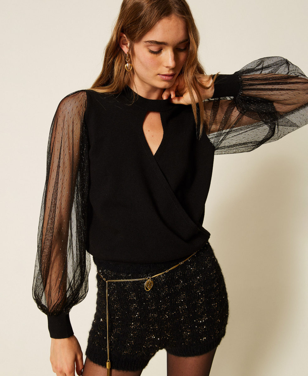 Jumper with plumetis tulle sleeves Black Woman 262TT3420_00006_PD