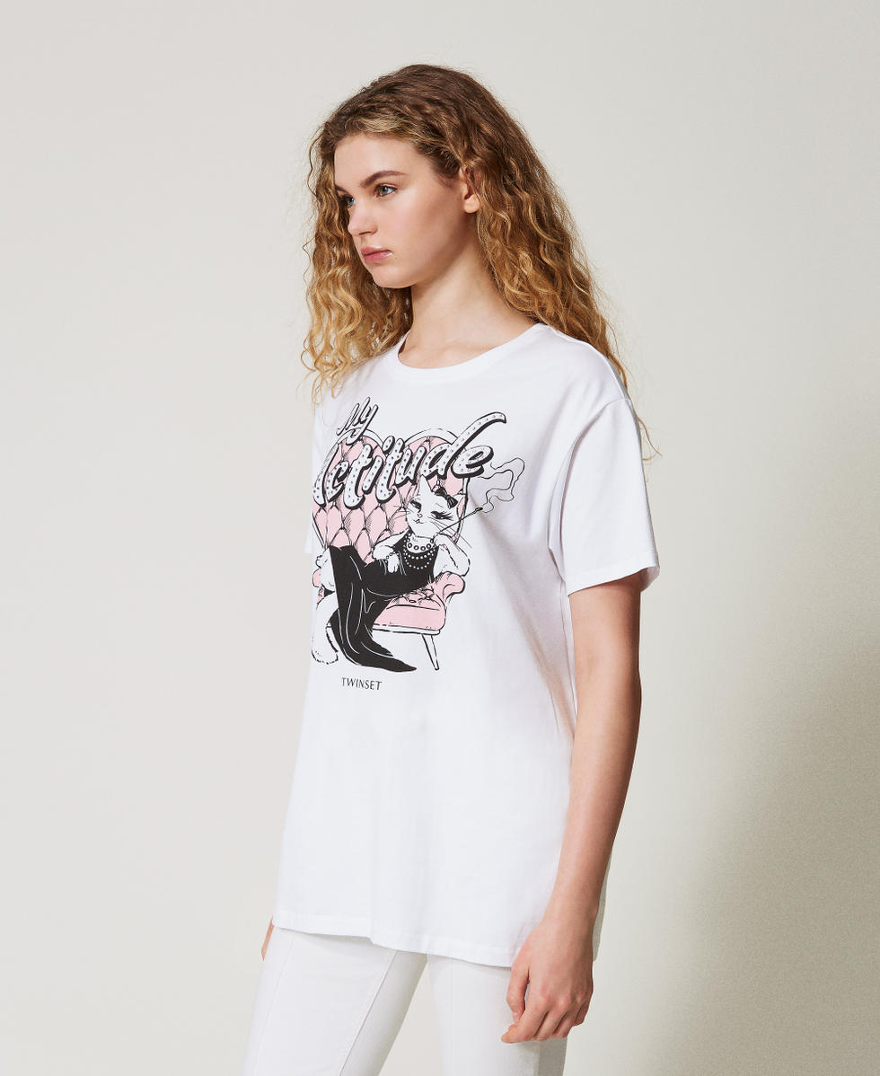Oversized t-shirt with print and rhinestones Papers/Actitude Cat Print Woman 251AX2123_12462_01