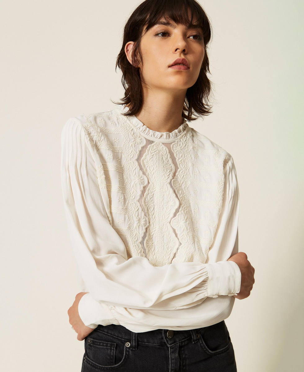 Cr&ecirc;pe blouse with floral embroidery Mother Of Pearl Woman 262TP2250_00059_PD