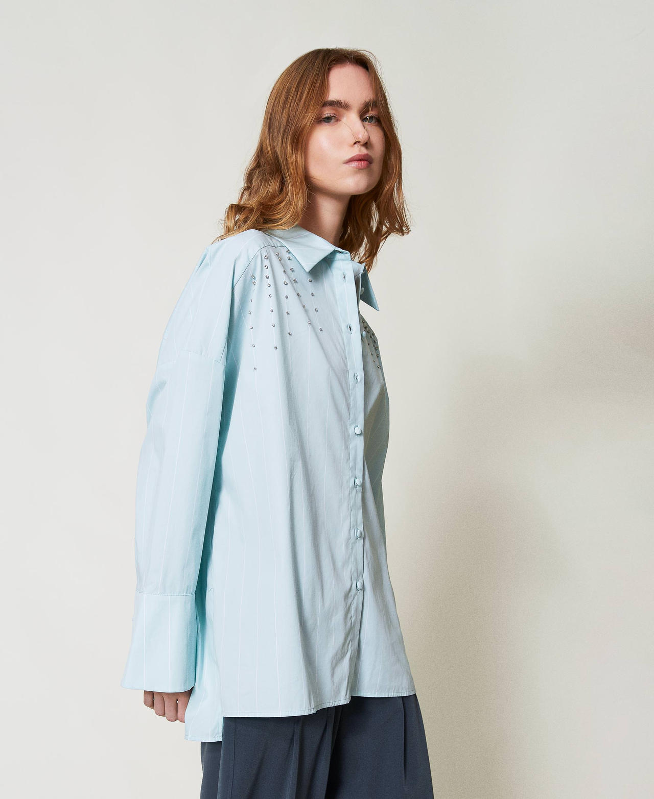 Poplin shirt with bezel embroidery Canal Blue/Papers Stripes Woman 251AP2487_12236_01