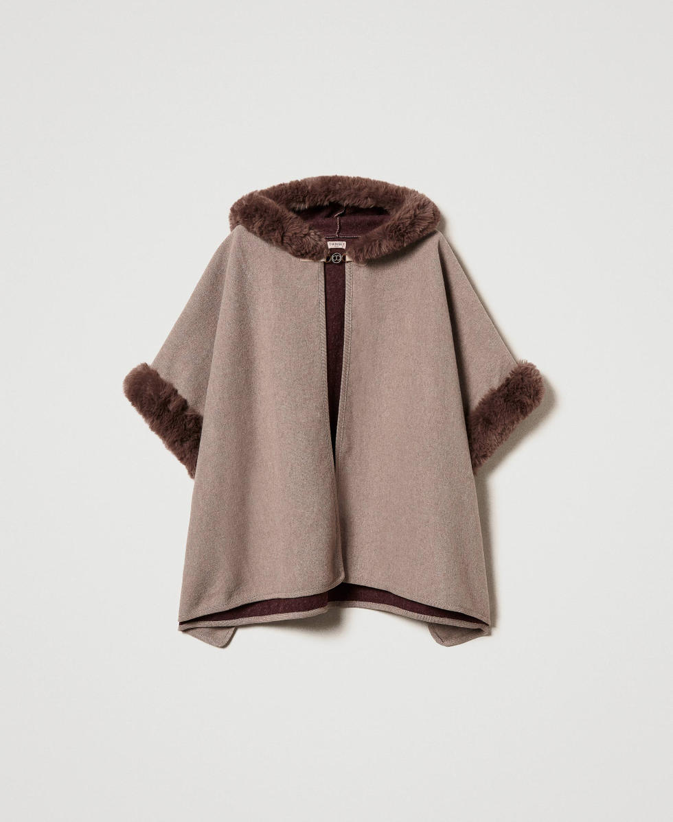 n.hoolywood wool こぶたさま Wool cloth and faux fur poncho Woman, Brown | TWINSET Milano