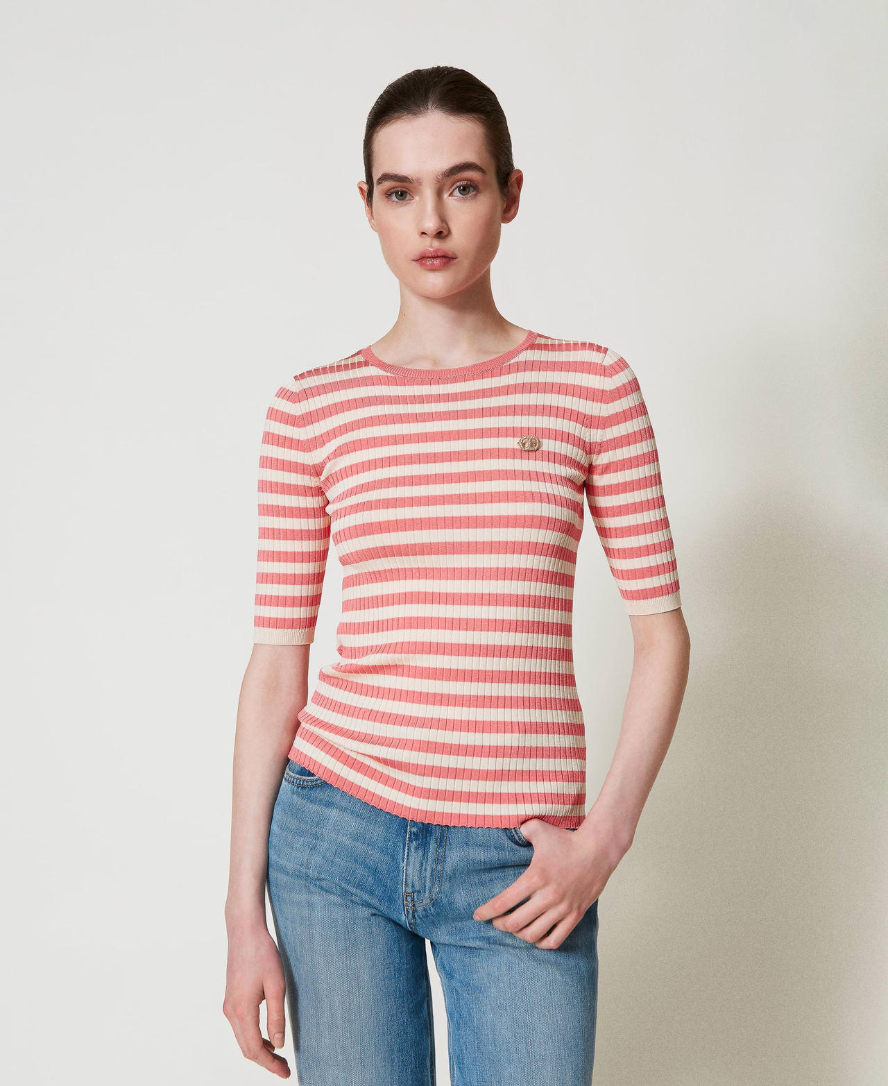 Striped jumper with short sleeves Snow White/Dark Peach Stripes Woman 251TP3470_12343_01