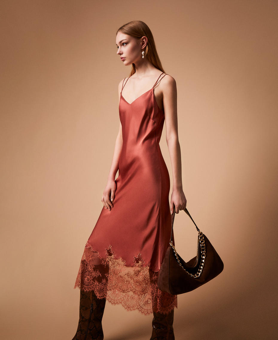 Midi satin and lace dress Rust Brown Woman 252TP2390_12608_PC